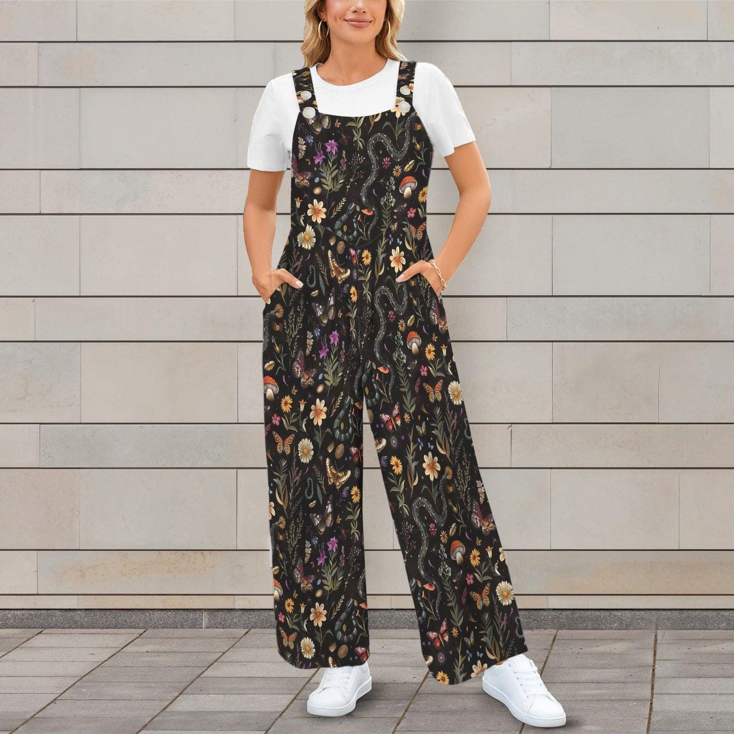 Black Moon Wildflower Celestial Jumpsuit, Wide Leg Sleeveless Overalls With Pockets