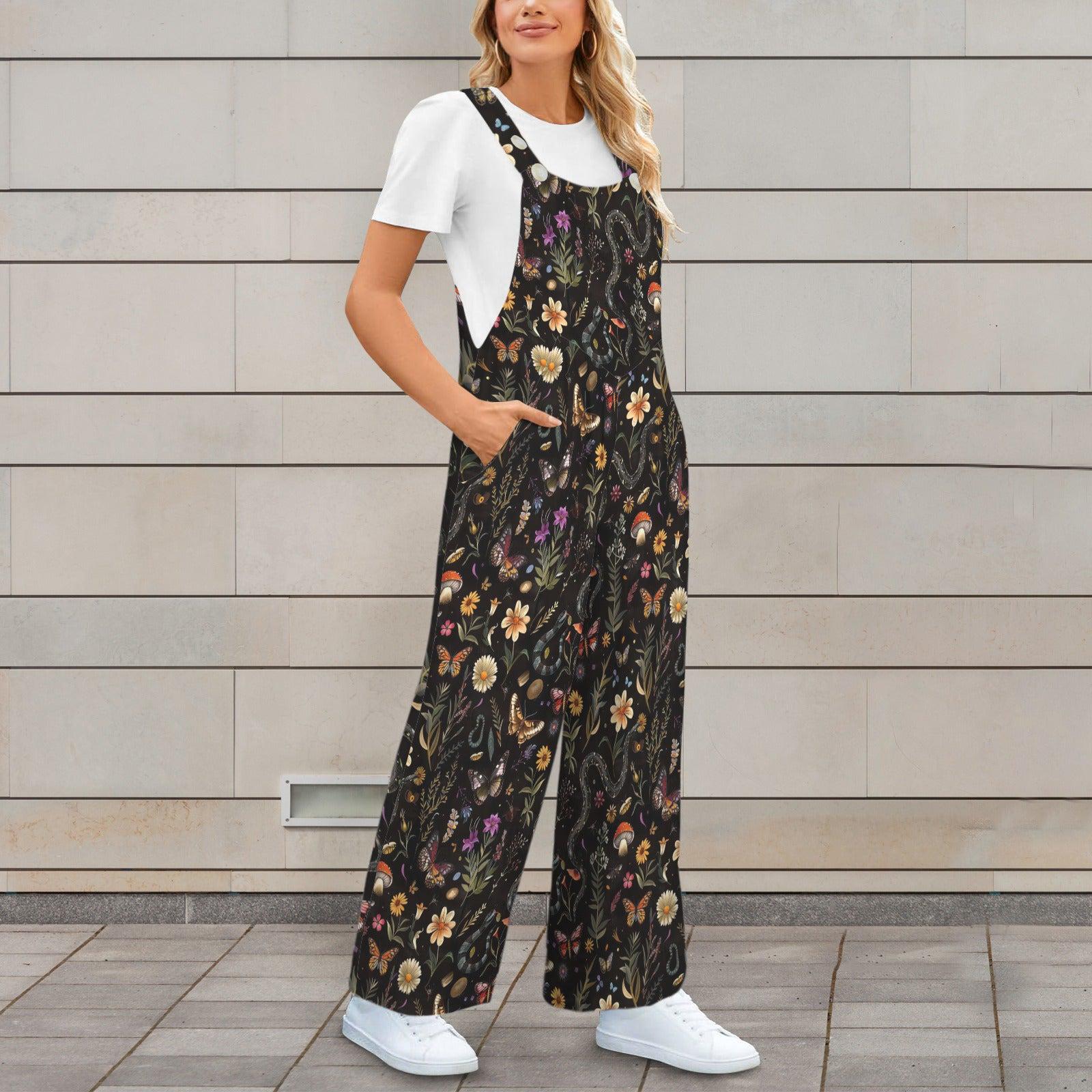 Black Moon Wildflower Celestial Jumpsuit, Wide Leg Sleeveless Overalls With Pockets