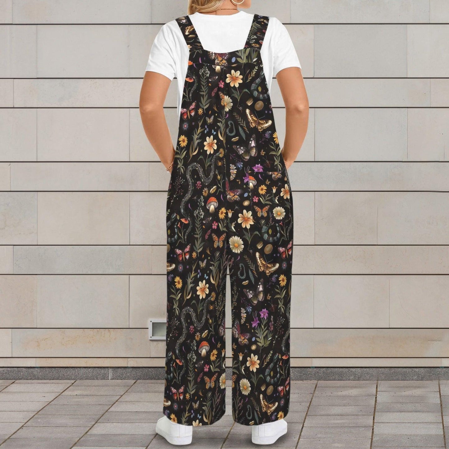 Black Moon Wildflower Celestial Jumpsuit, Wide Leg Sleeveless Overalls With Pockets