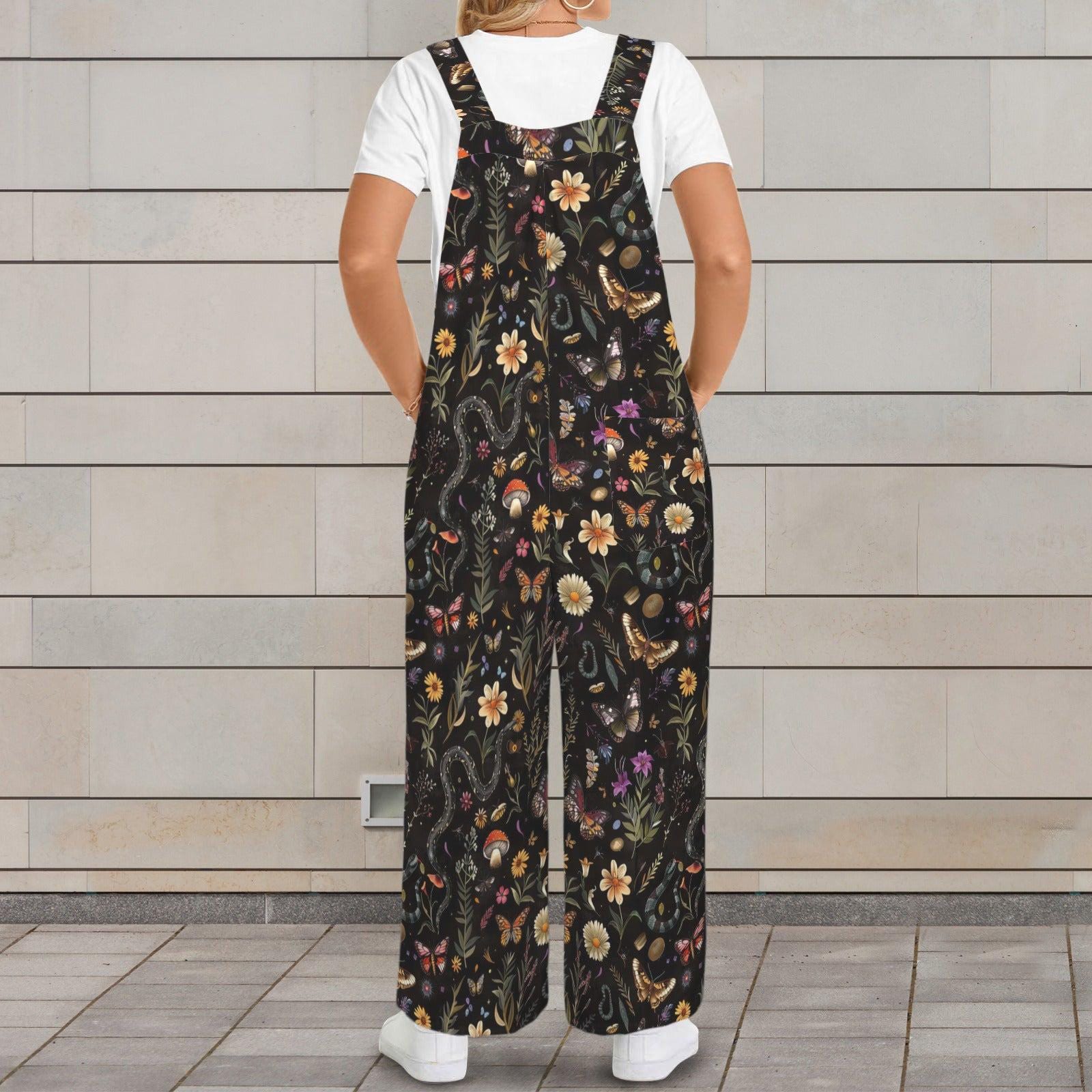 Black Moon Wildflower Celestial Jumpsuit, Wide Leg Sleeveless Overalls With Pockets