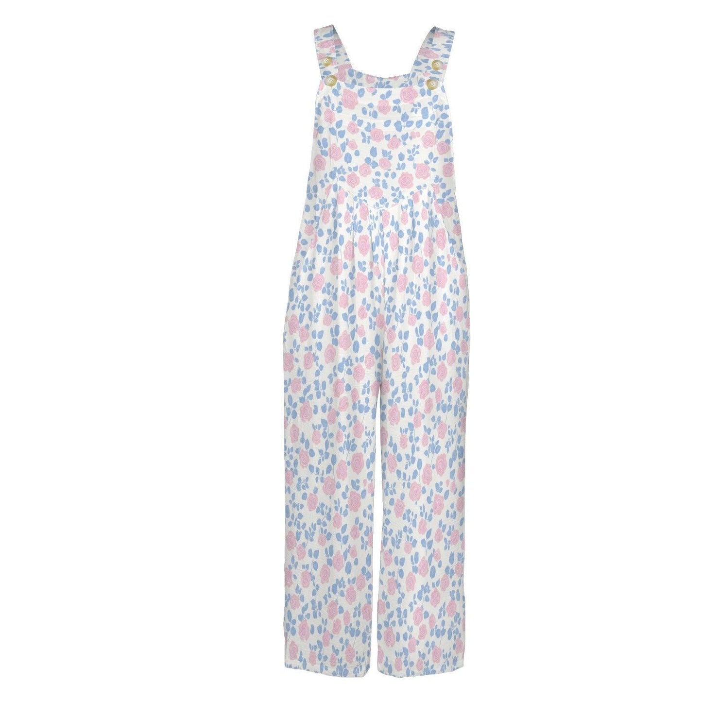 White Pastel Pink Blue Wildflower Jumpsuit, Wide Leg Sleeveless Overalls With Pockets
