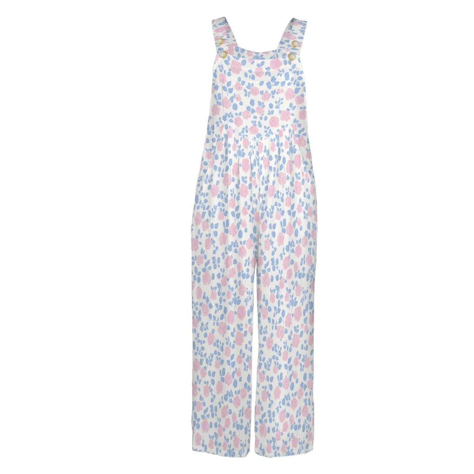 White Pastel Pink Blue Wildflower Jumpsuit, Wide Leg Sleeveless Overalls With Pockets