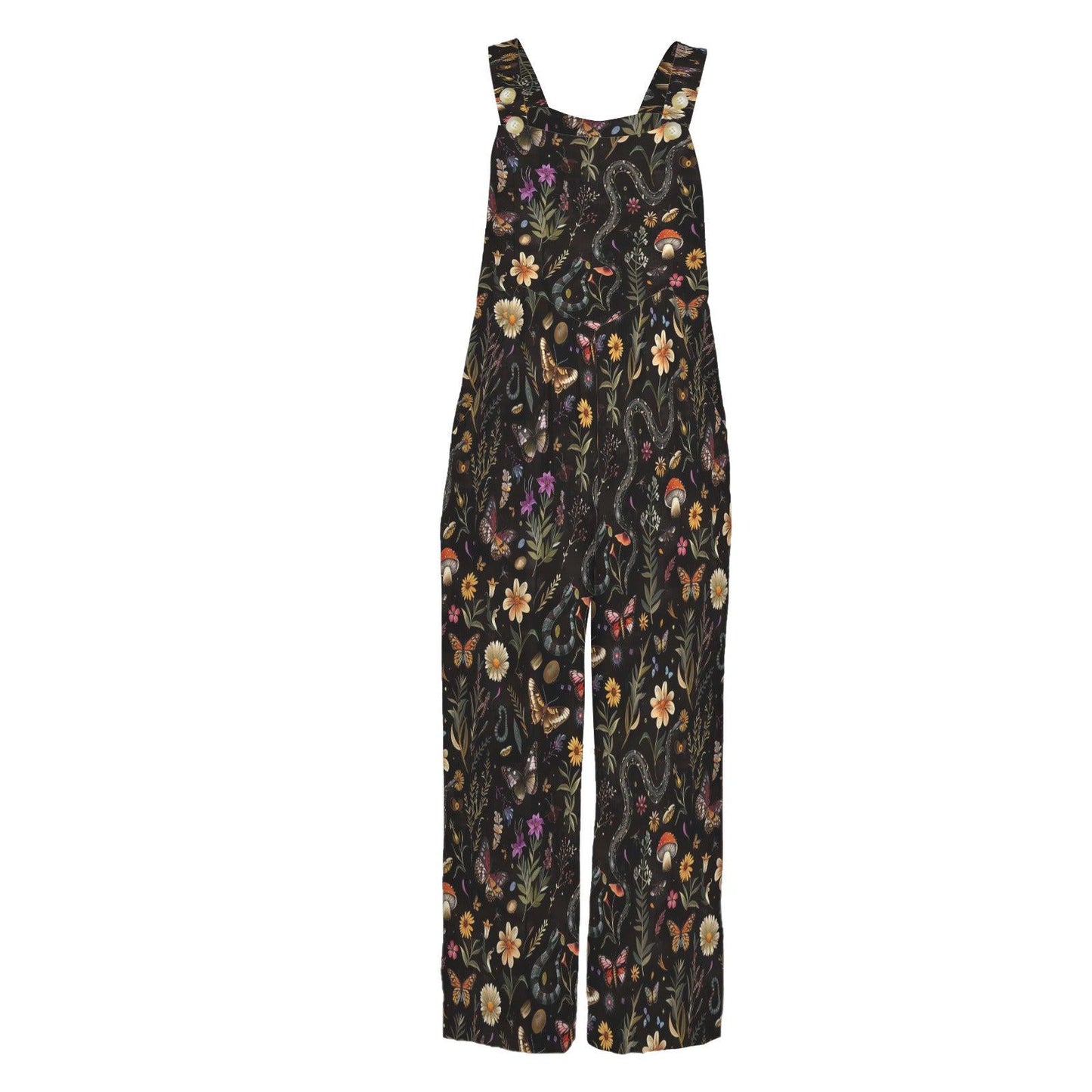 Black Moon Wildflower Celestial Jumpsuit, Wide Leg Sleeveless Overalls With Pockets