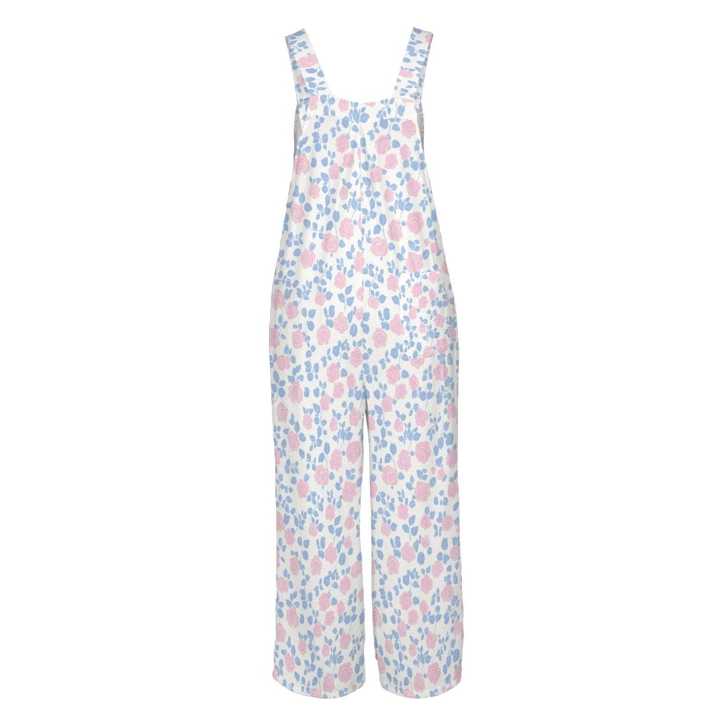 White Pastel Pink Blue Wildflower Jumpsuit, Wide Leg Sleeveless Overalls With Pockets