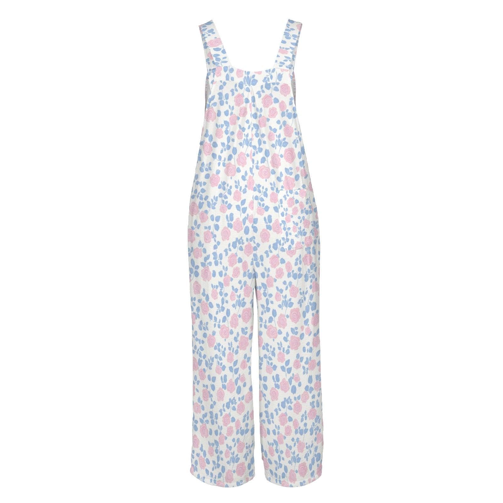 White Pastel Pink Blue Wildflower Jumpsuit, Wide Leg Sleeveless Overalls With Pockets