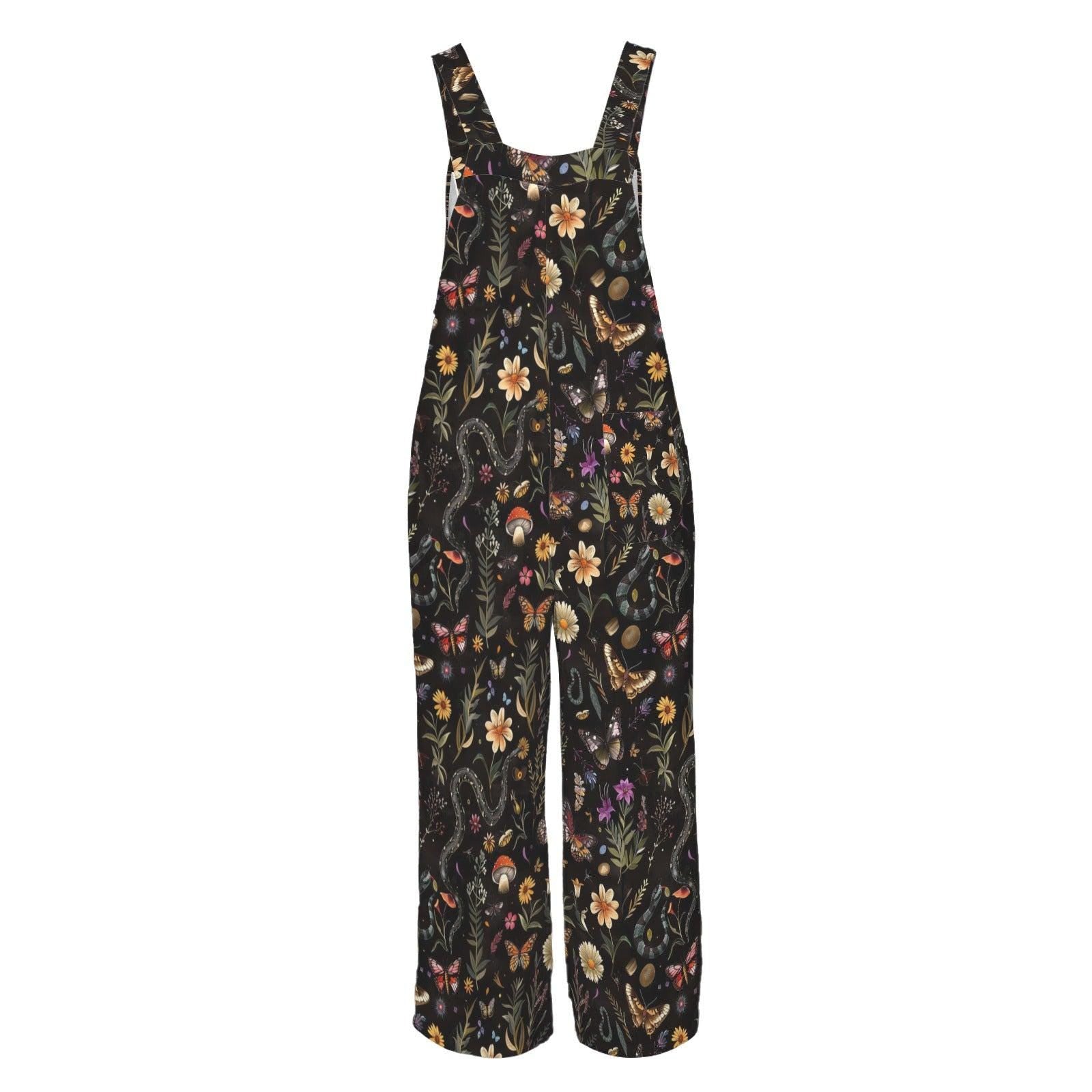 Black Moon Wildflower Celestial Jumpsuit, Wide Leg Sleeveless Overalls With Pockets
