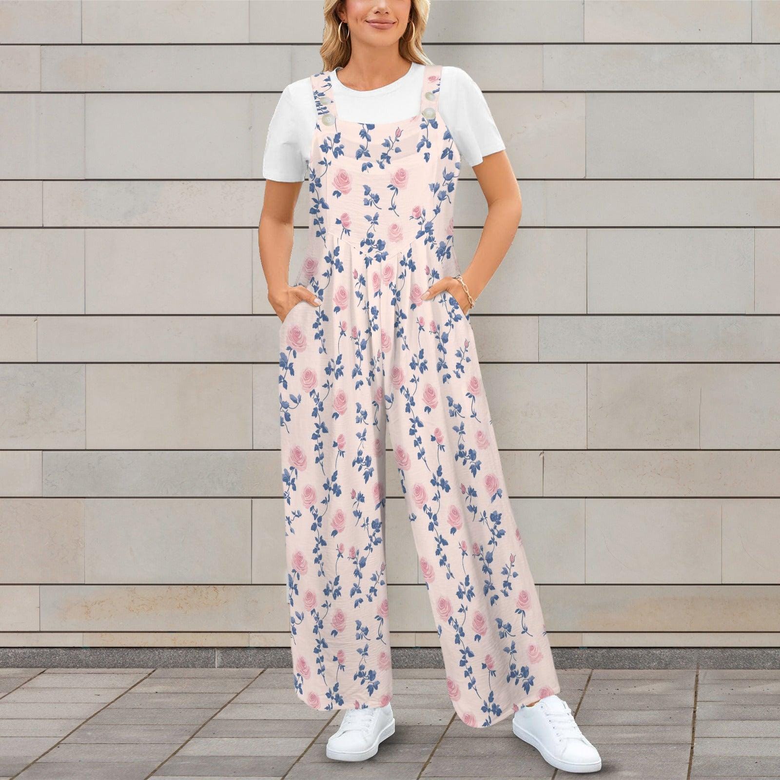 Blush Pink Blue Botanical Floral Jumpsuit, Wide Leg Sleeveless Overalls With Pockets