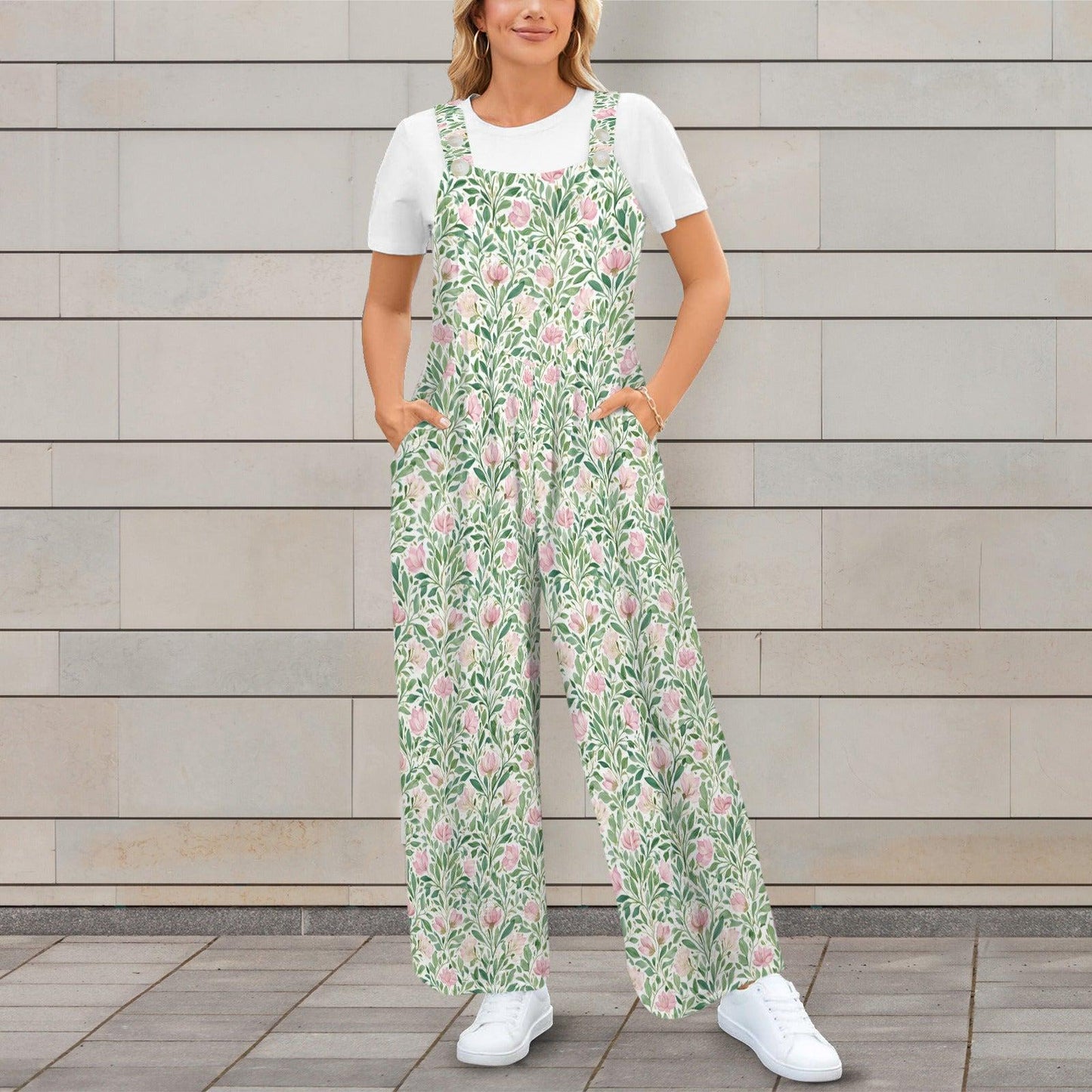 Mint Green Pink Botanical Floral Jumpsuit, Wide Leg Sleeveless Overalls With Pockets