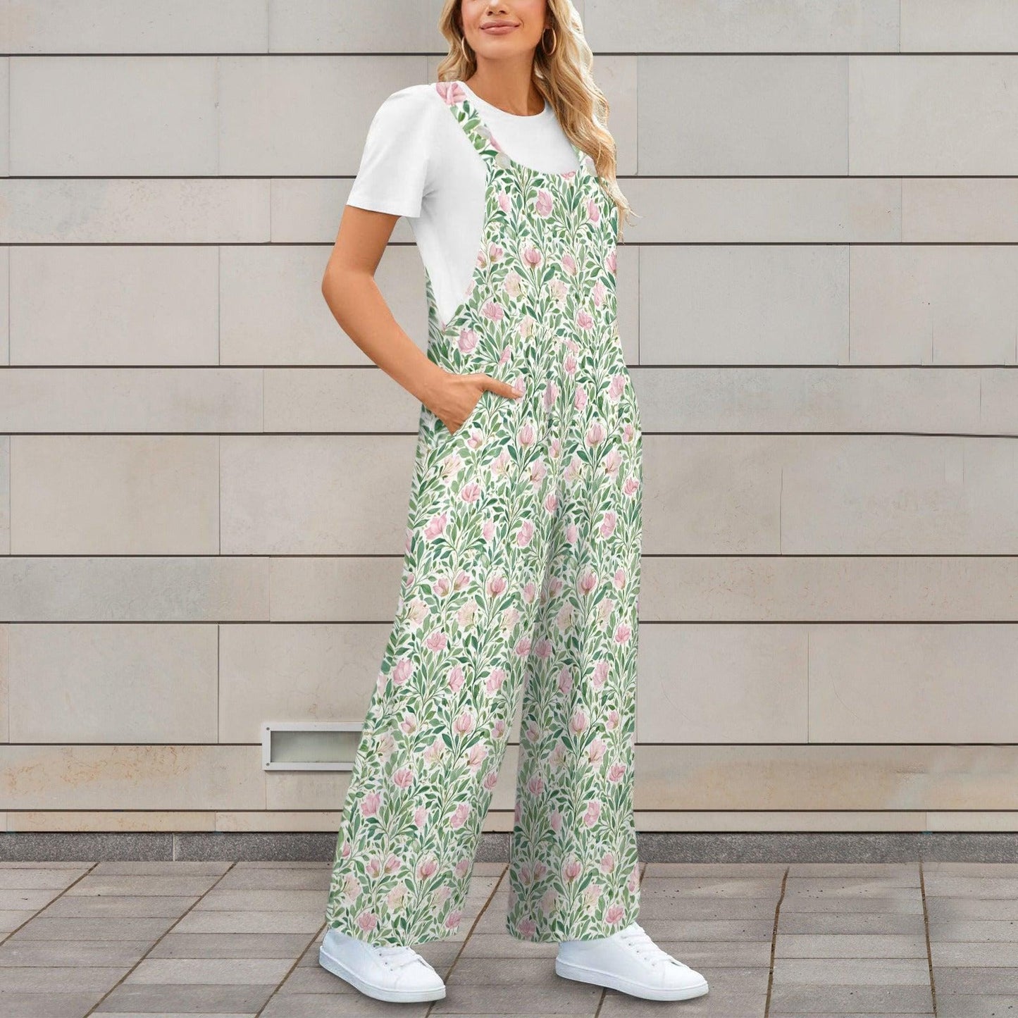Mint Green Pink Botanical Floral Jumpsuit, Wide Leg Sleeveless Overalls With Pockets