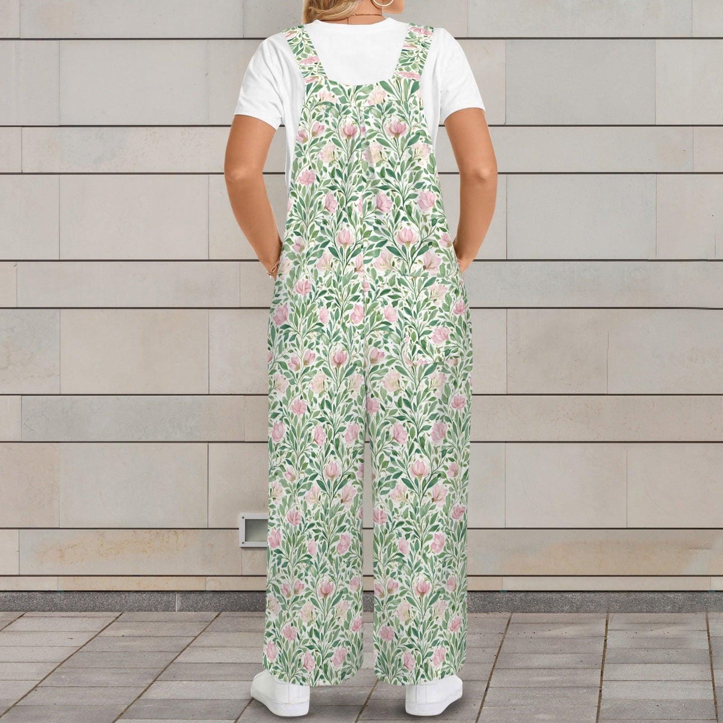 Mint Green Pink Botanical Floral Jumpsuit, Wide Leg Sleeveless Overalls With Pockets