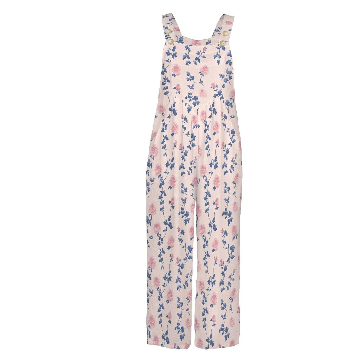Blush Pink Blue Botanical Floral Jumpsuit, Wide Leg Sleeveless Overalls With Pockets