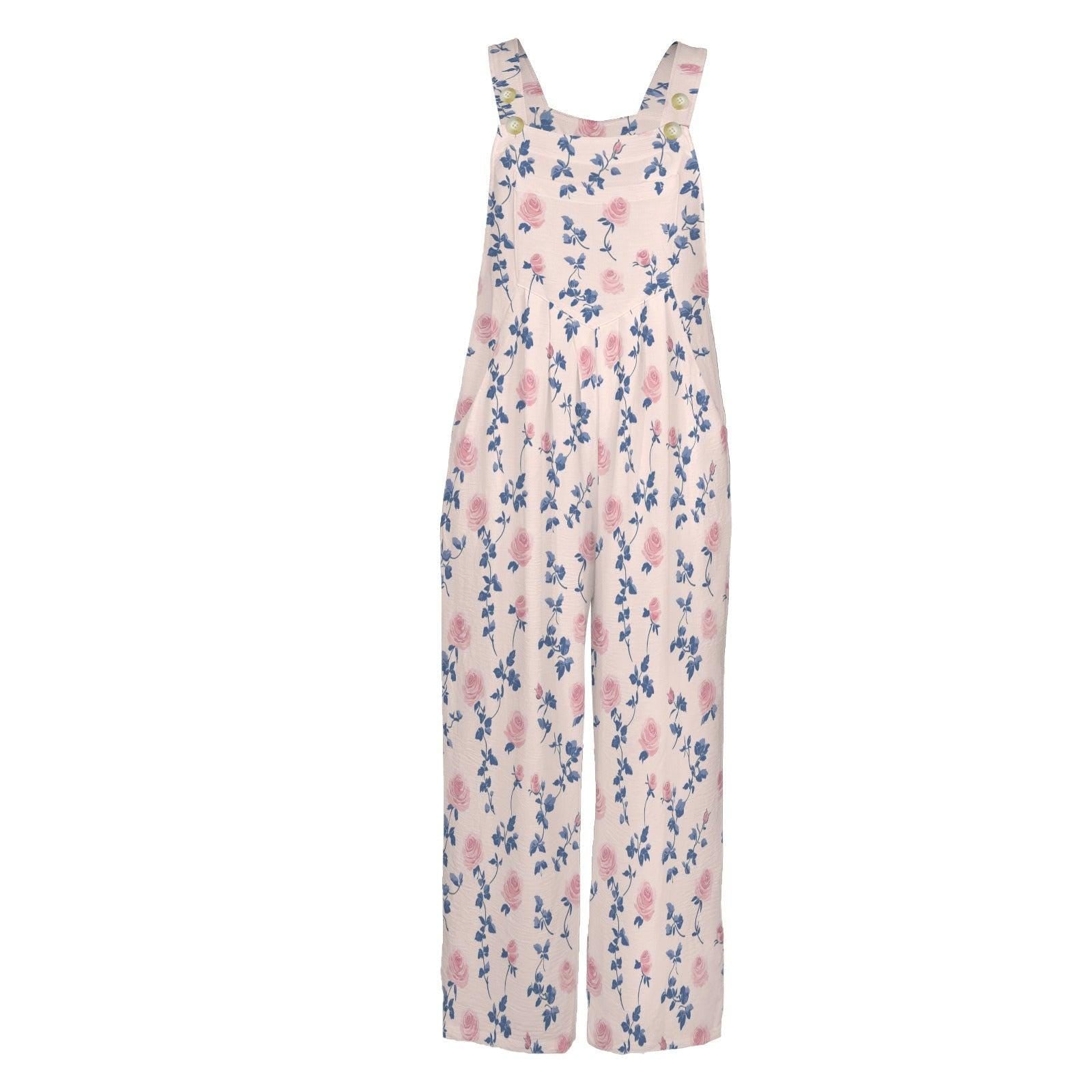 Blush Pink Blue Botanical Floral Jumpsuit, Wide Leg Sleeveless Overalls With Pockets