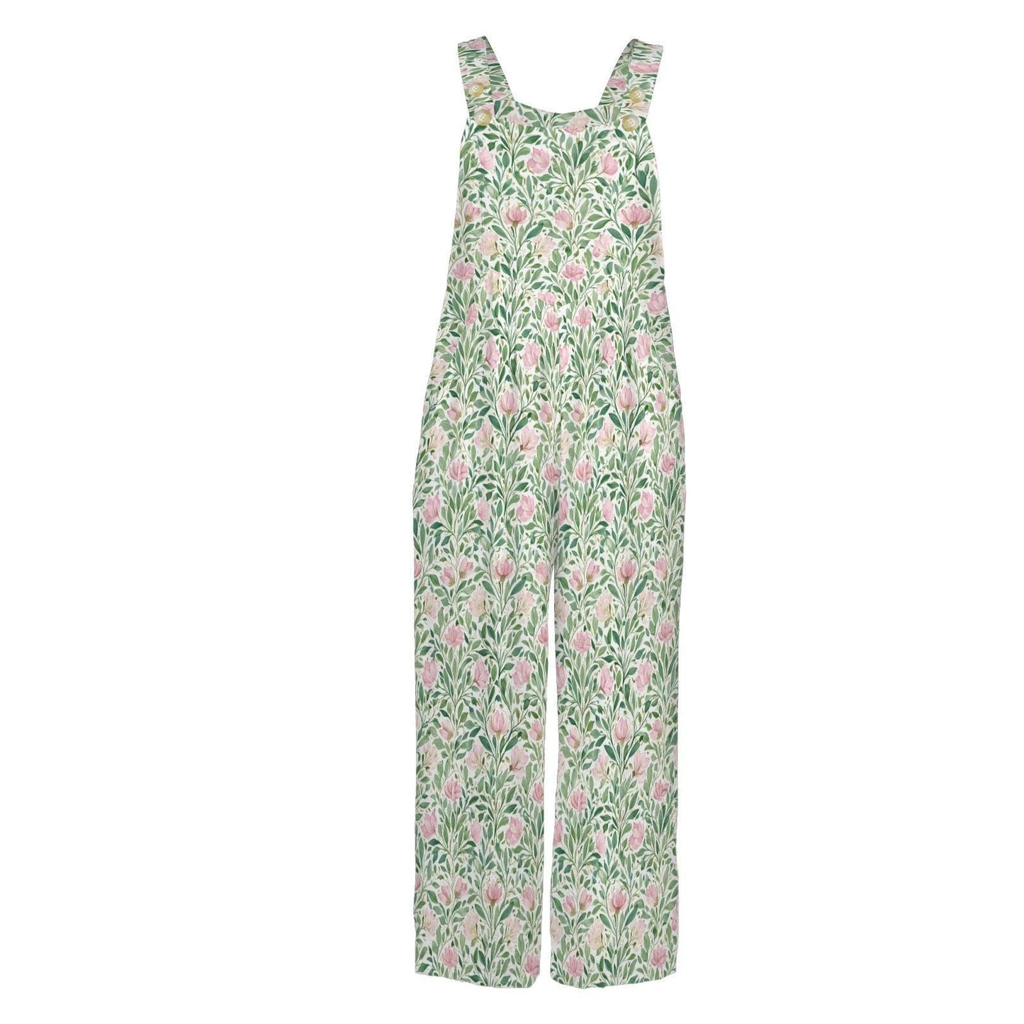 Mint Green Pink Botanical Floral Jumpsuit, Wide Leg Sleeveless Overalls With Pockets