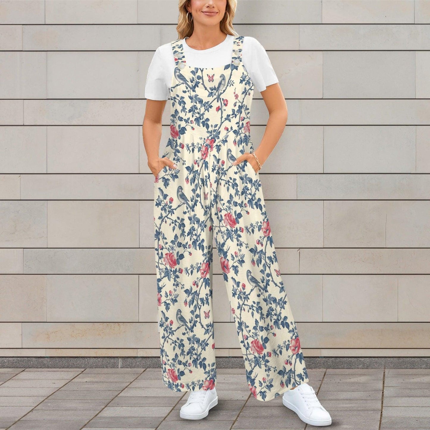 Ivory Blue Red Folk Floral Bohemian Jumpsuit, Wide Leg Sleeveless Overalls With Pockets