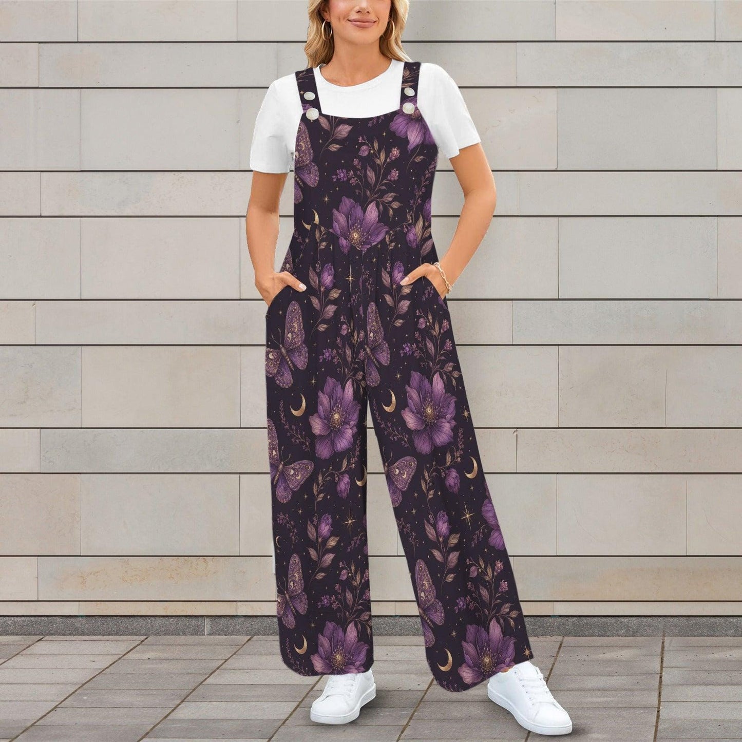 Deep Purple Moon Floral Celestial Jumpsuit, Wide Leg Sleeveless Overalls With Pockets