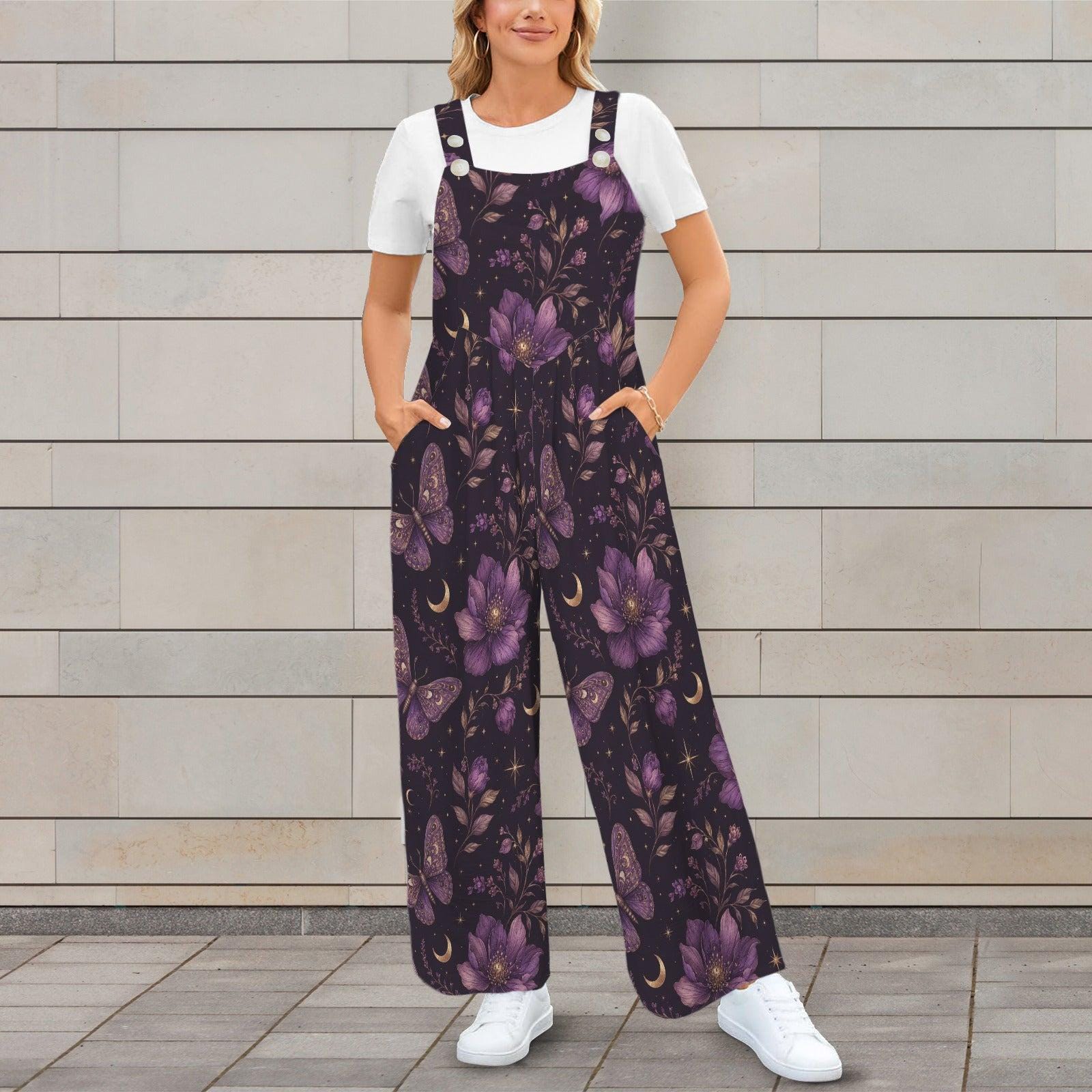 Deep Purple Moon Floral Celestial Jumpsuit, Wide Leg Sleeveless Overalls With Pockets