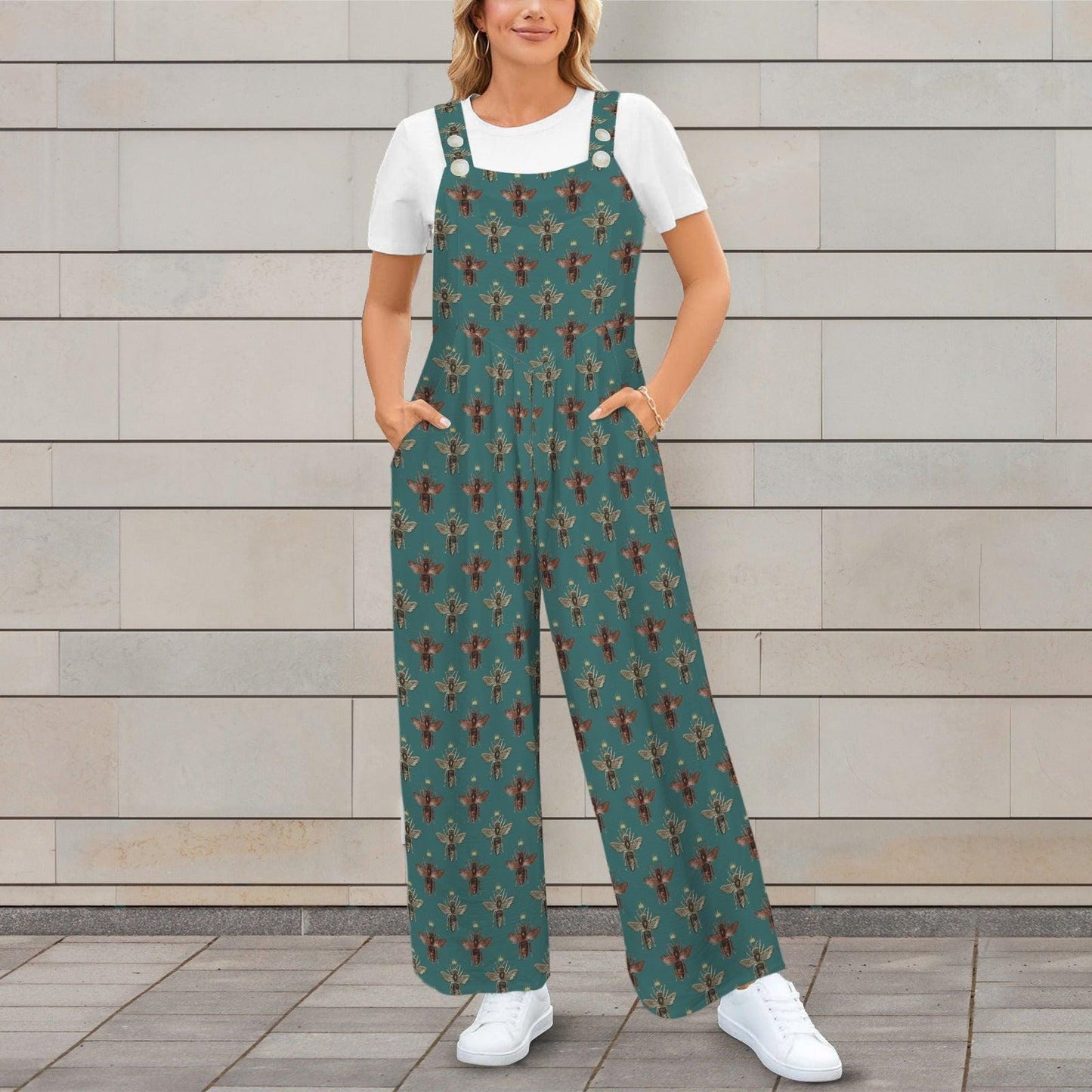 Teal Honey Bee Festival Jumpsuit, Wide Leg Sleeveless Overalls With Pockets