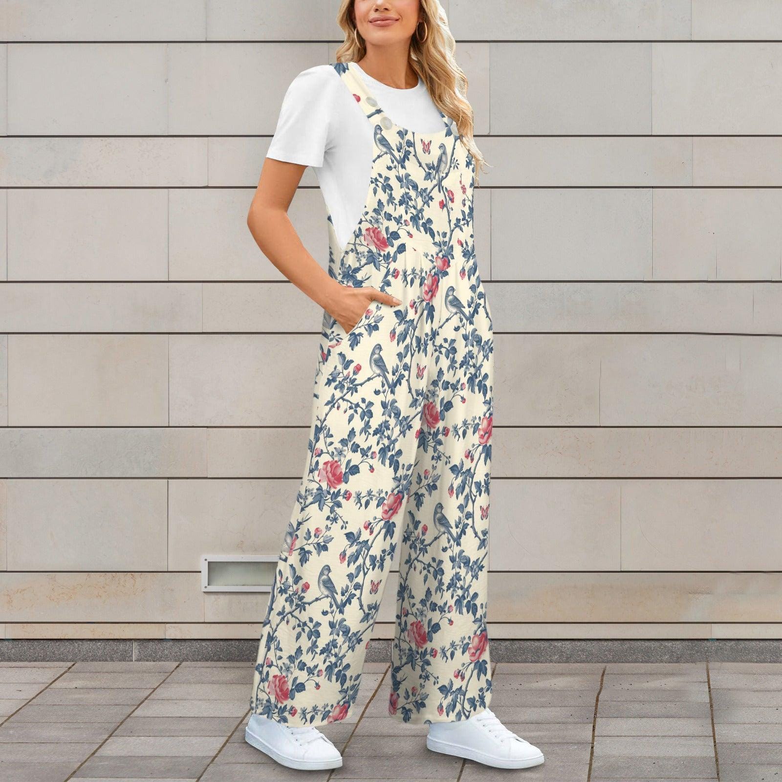 Ivory Blue Red Folk Floral Bohemian Jumpsuit, Wide Leg Sleeveless Overalls With Pockets