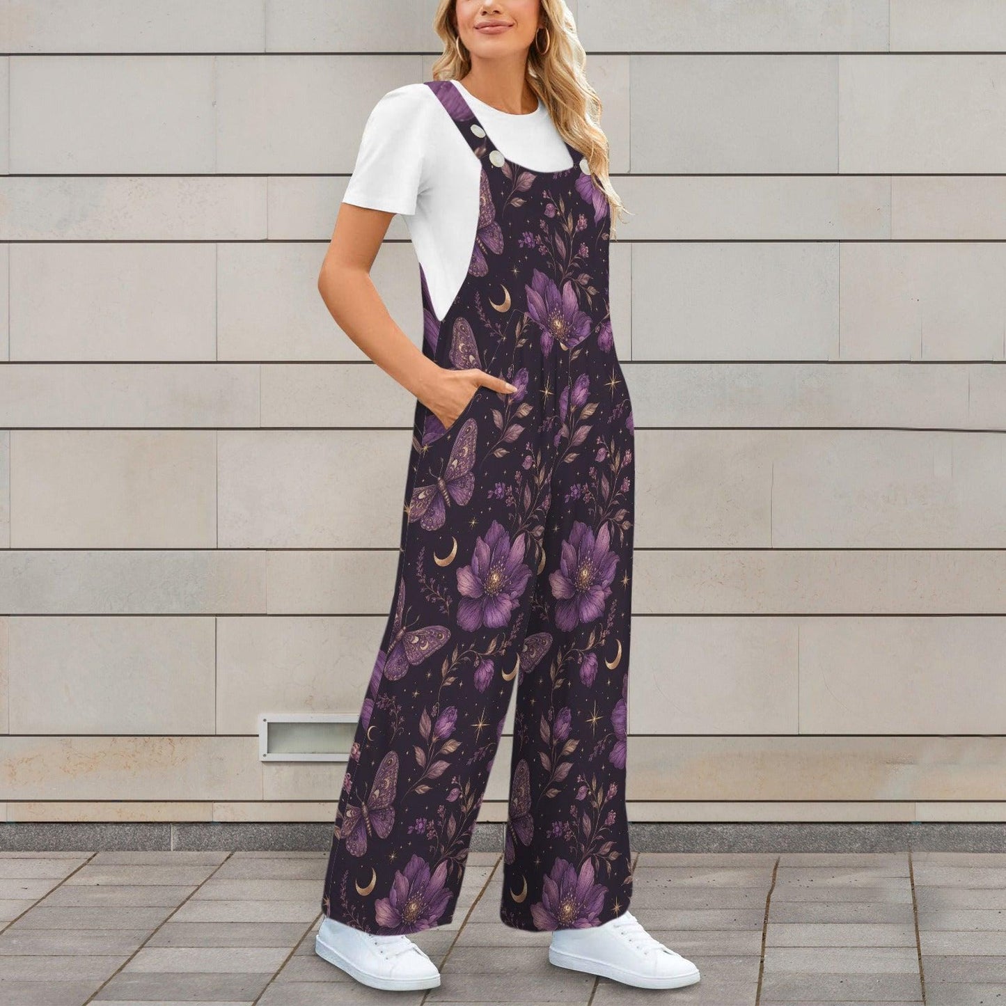 Deep Purple Moon Floral Celestial Jumpsuit, Wide Leg Sleeveless Overalls With Pockets