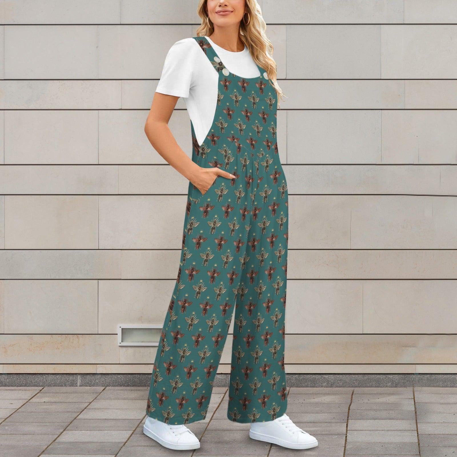Teal Honey Bee Festival Jumpsuit, Wide Leg Sleeveless Overalls With Pockets