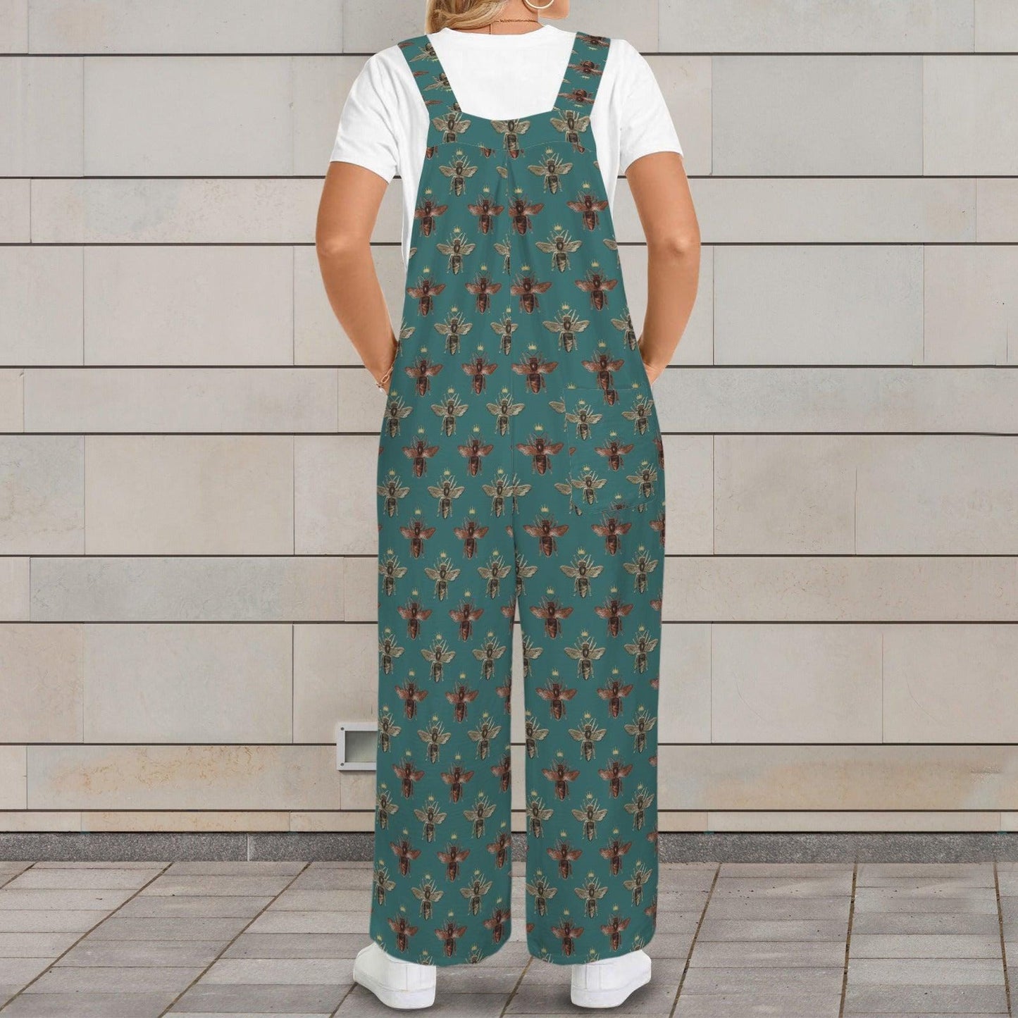 Teal Honey Bee Festival Jumpsuit, Wide Leg Sleeveless Overalls With Pockets