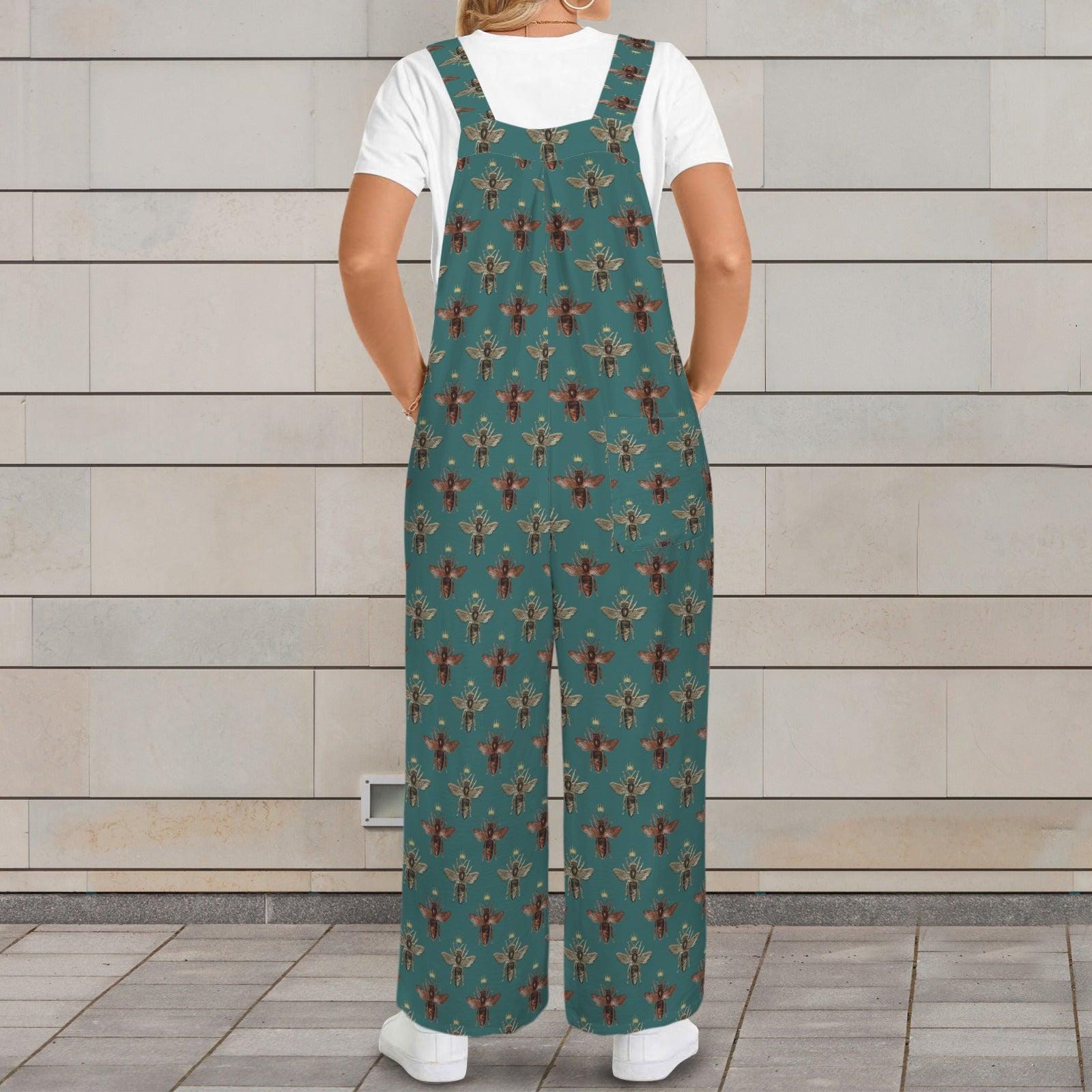 Teal Honey Bee Festival Jumpsuit, Wide Leg Sleeveless Overalls With Pockets