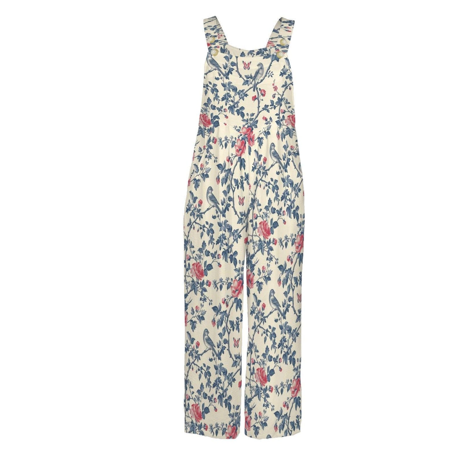 Ivory Blue Red Folk Floral Bohemian Jumpsuit, Wide Leg Sleeveless Overalls With Pockets