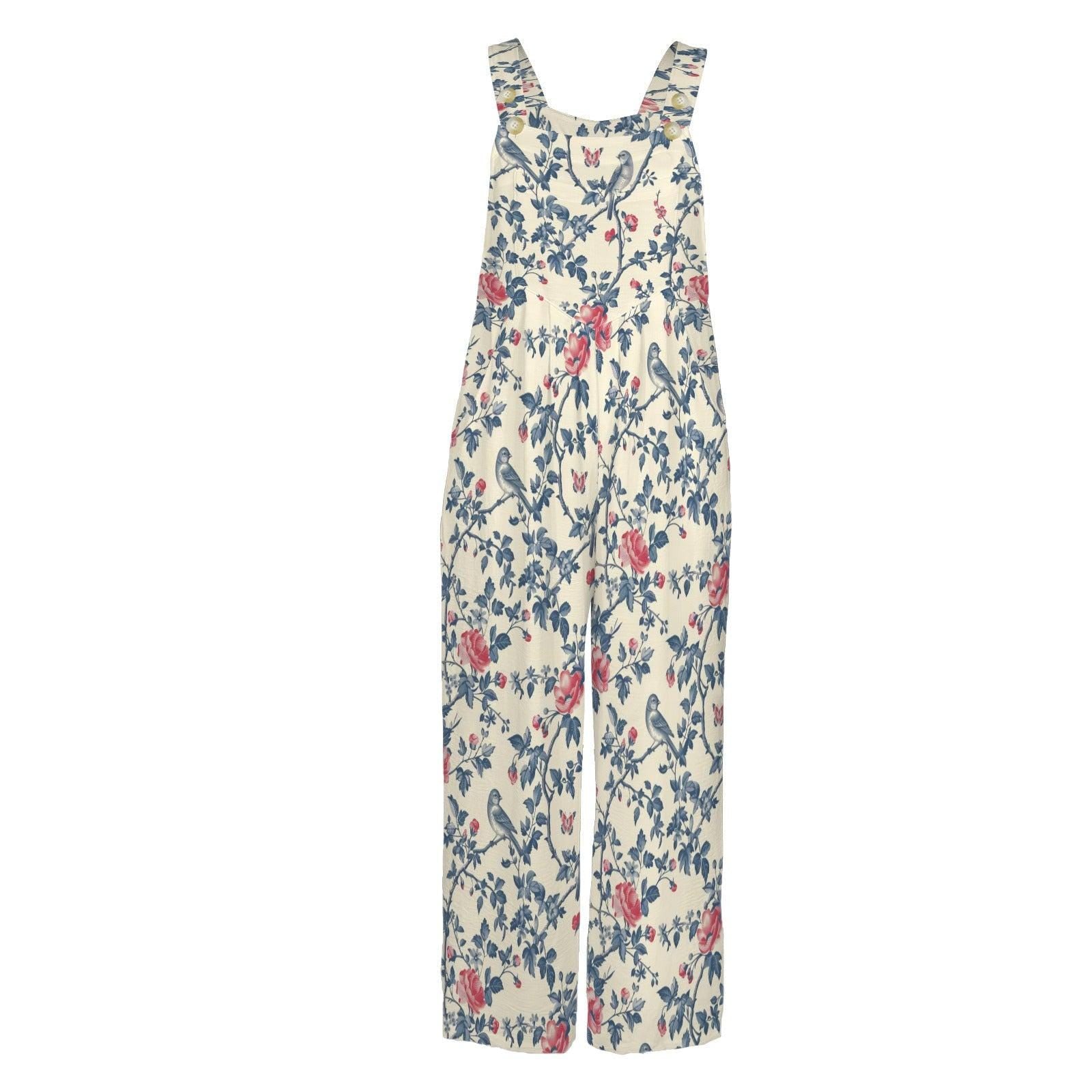 Ivory Blue Red Folk Floral Bohemian Jumpsuit, Wide Leg Sleeveless Overalls With Pockets