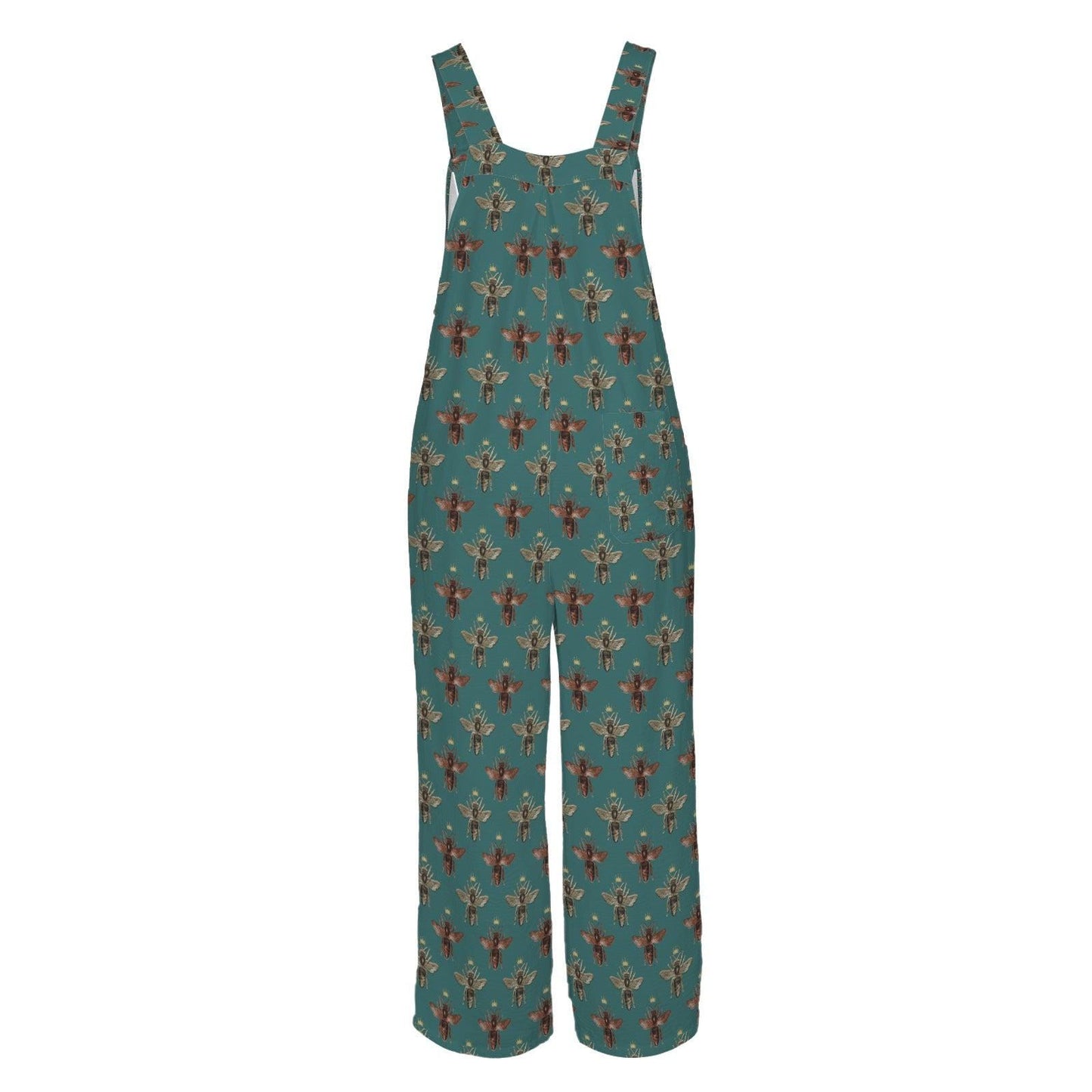 Teal Honey Bee Festival Jumpsuit, Wide Leg Sleeveless Overalls With Pockets