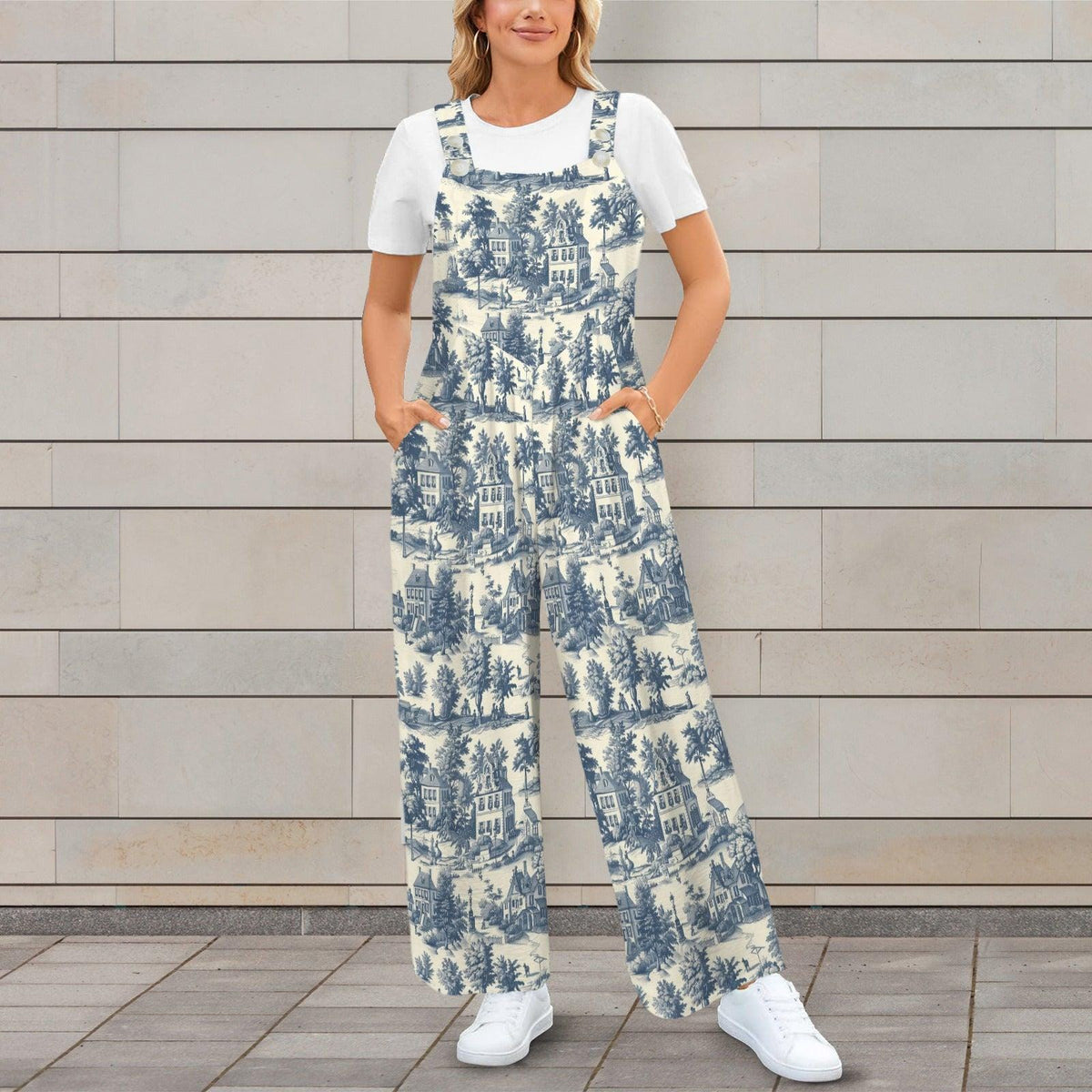 Blue Village Toile Jumpsuit: French Country Print, Wide Leg, Pockets