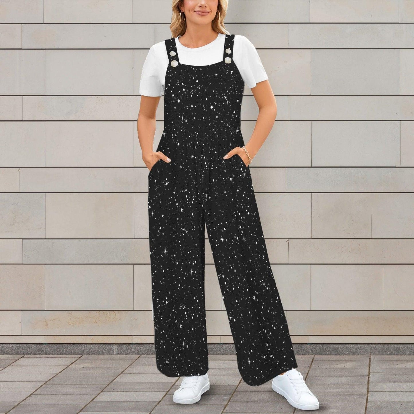 Black White Star Celestial Jumpsuit, Wide Leg Sleeveless Overalls With Pockets