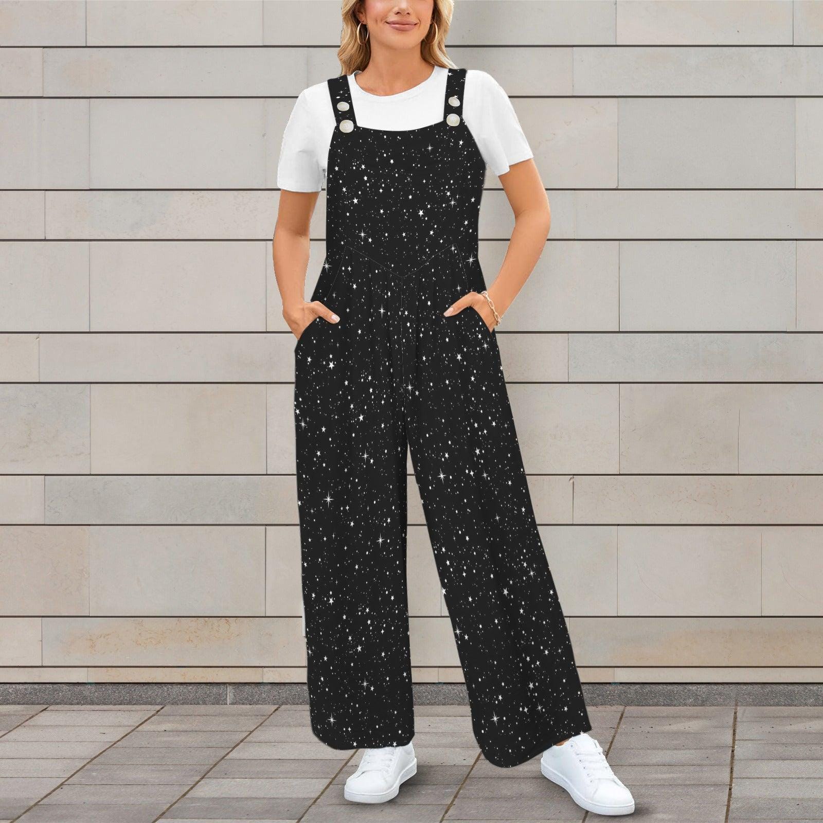 Black White Star Celestial Jumpsuit, Wide Leg Sleeveless Overalls With Pockets
