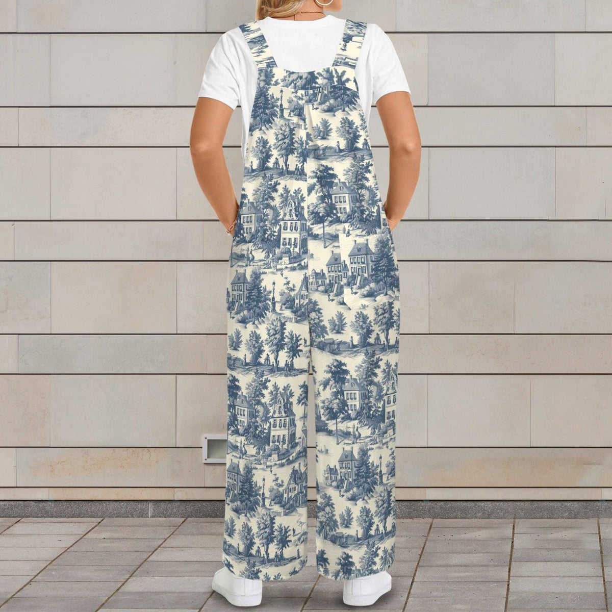 Blue Village Toile Jumpsuit: French Country Print, Wide Leg, Pockets