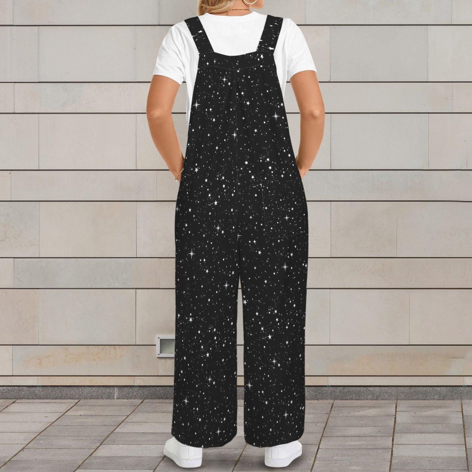 Black White Star Celestial Jumpsuit, Wide Leg Sleeveless Overalls With Pockets