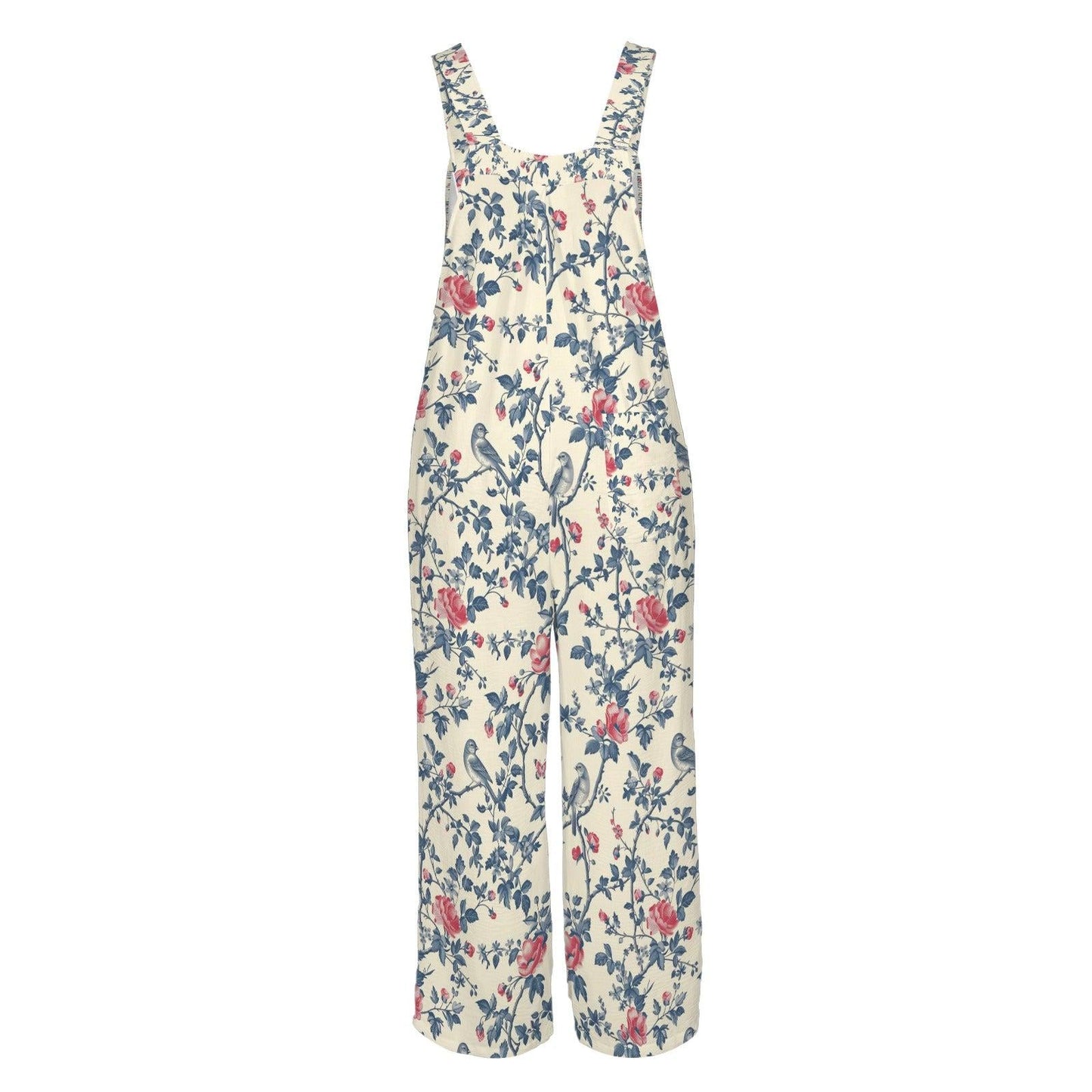 Ivory Blue Red Wildflower Jumpsuit, Wide Leg Sleeveless Overalls With Pockets