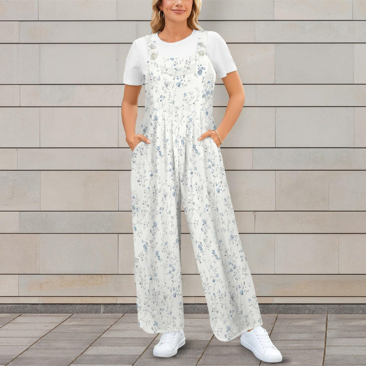 Pale Blue Wildflower Jumpsuit: Ditsy Floral Wide Leg, Square Neck, Pockets