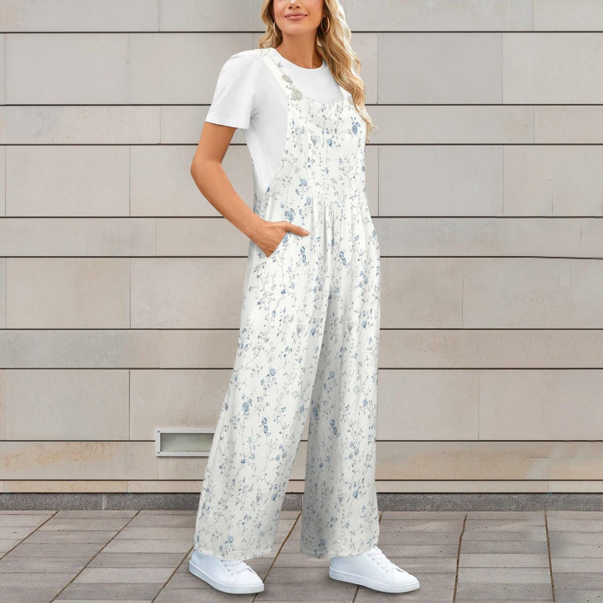 Pale Blue Wildflower Jumpsuit: Ditsy Floral Wide Leg, Square Neck, Pockets