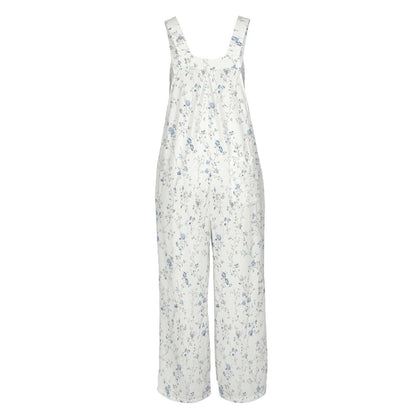 Pale Blue Wildflower Jumpsuit: Ditsy Floral Wide Leg, Square Neck, Pockets