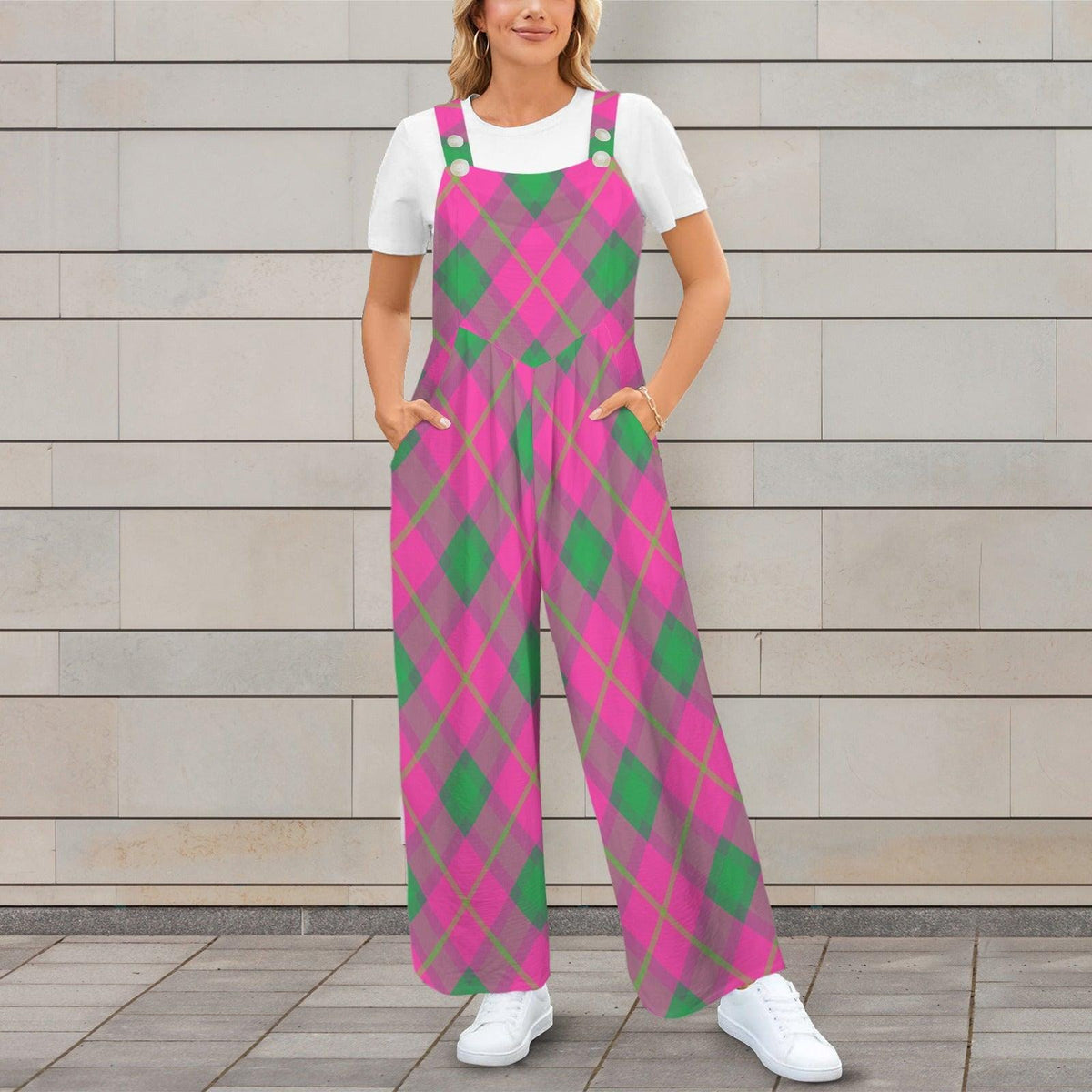 Hot Pink Green Wide Leg One Piece with Pockets, Retro Jumpsuit