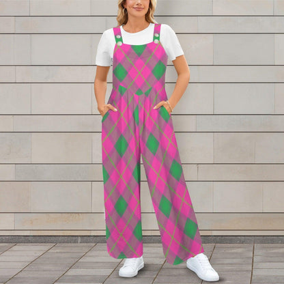 Hot Pink Green Wide Leg One Piece with Pockets, Retro Jumpsuit
