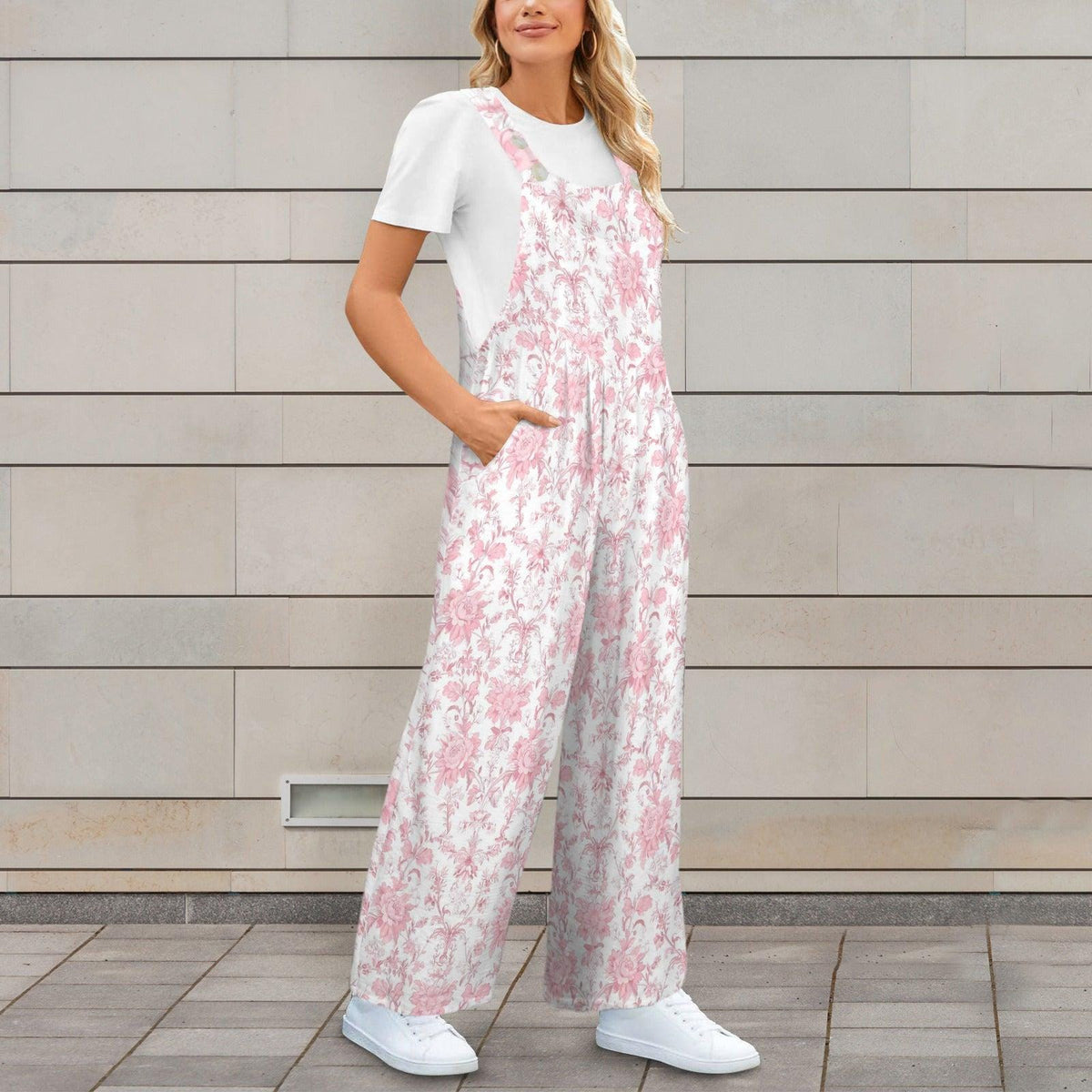 Pink Floral Toile Jumpsuit: Romantic Cottagecore Wide Leg, Square Neck, Pockets