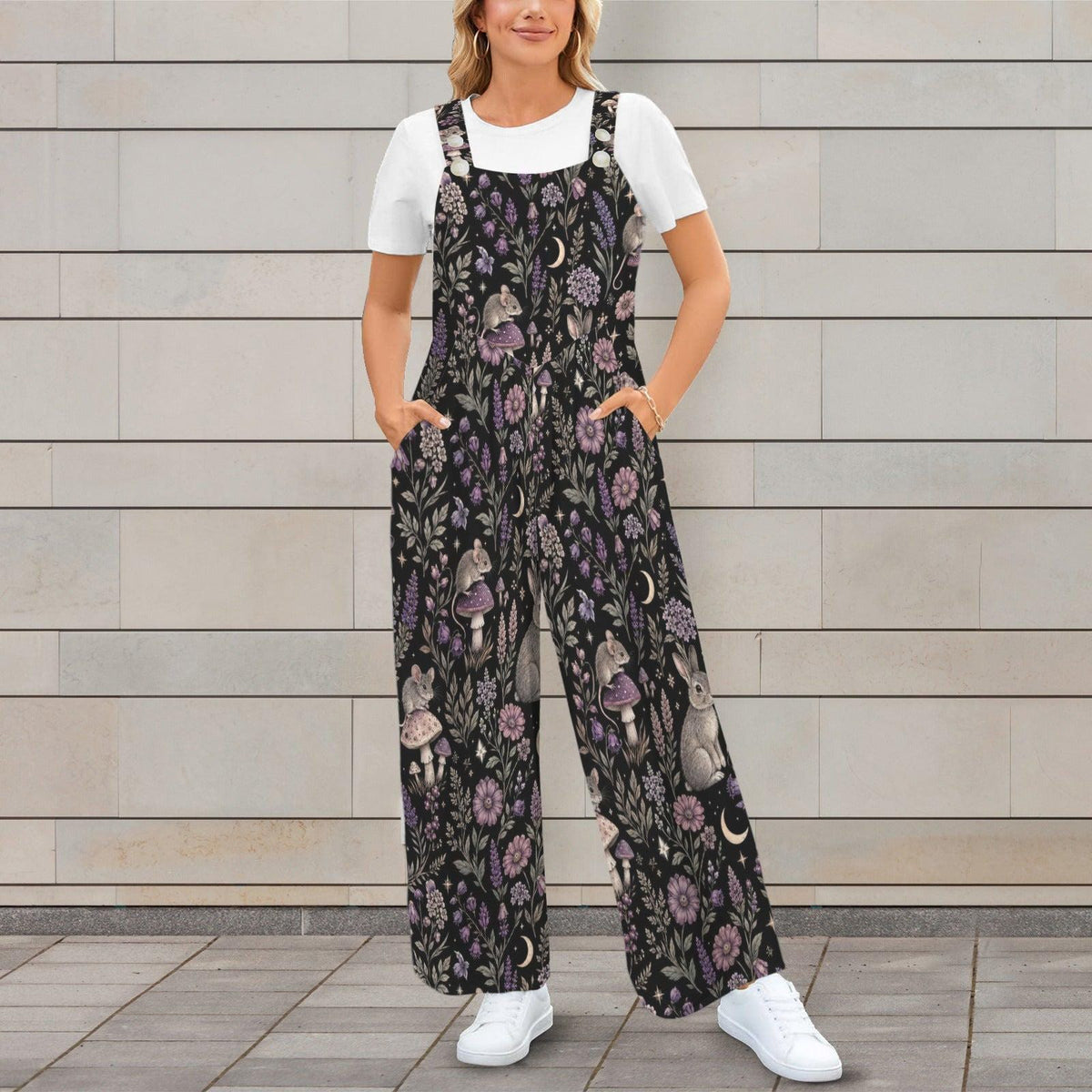 Mushroom Moon Floral Jumpsuit: Wide Leg, Sleeveless, Pockets (95% Polyester)