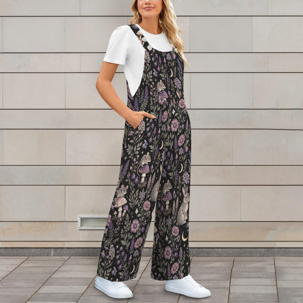 Mushroom Moon Floral Jumpsuit: Wide Leg, Sleeveless, Pockets (95% Polyester)