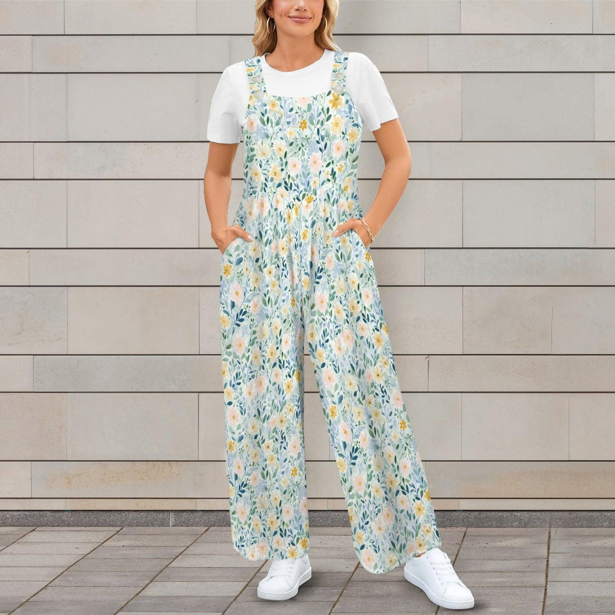 Pale Blue Wildflower Jumpsuit: Square Neck, Wide Leg, Pockets (95% Polyester)