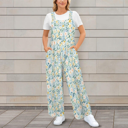 Pale Blue Wildflower Jumpsuit: Square Neck, Wide Leg, Pockets (95% Polyester)