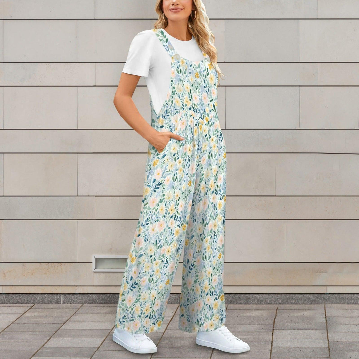 Pale Blue Wildflower Jumpsuit: Square Neck, Wide Leg, Pockets (95% Polyester)