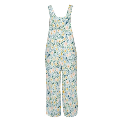 Pale Blue Wildflower Jumpsuit: Square Neck, Wide Leg, Pockets (95% Polyester)