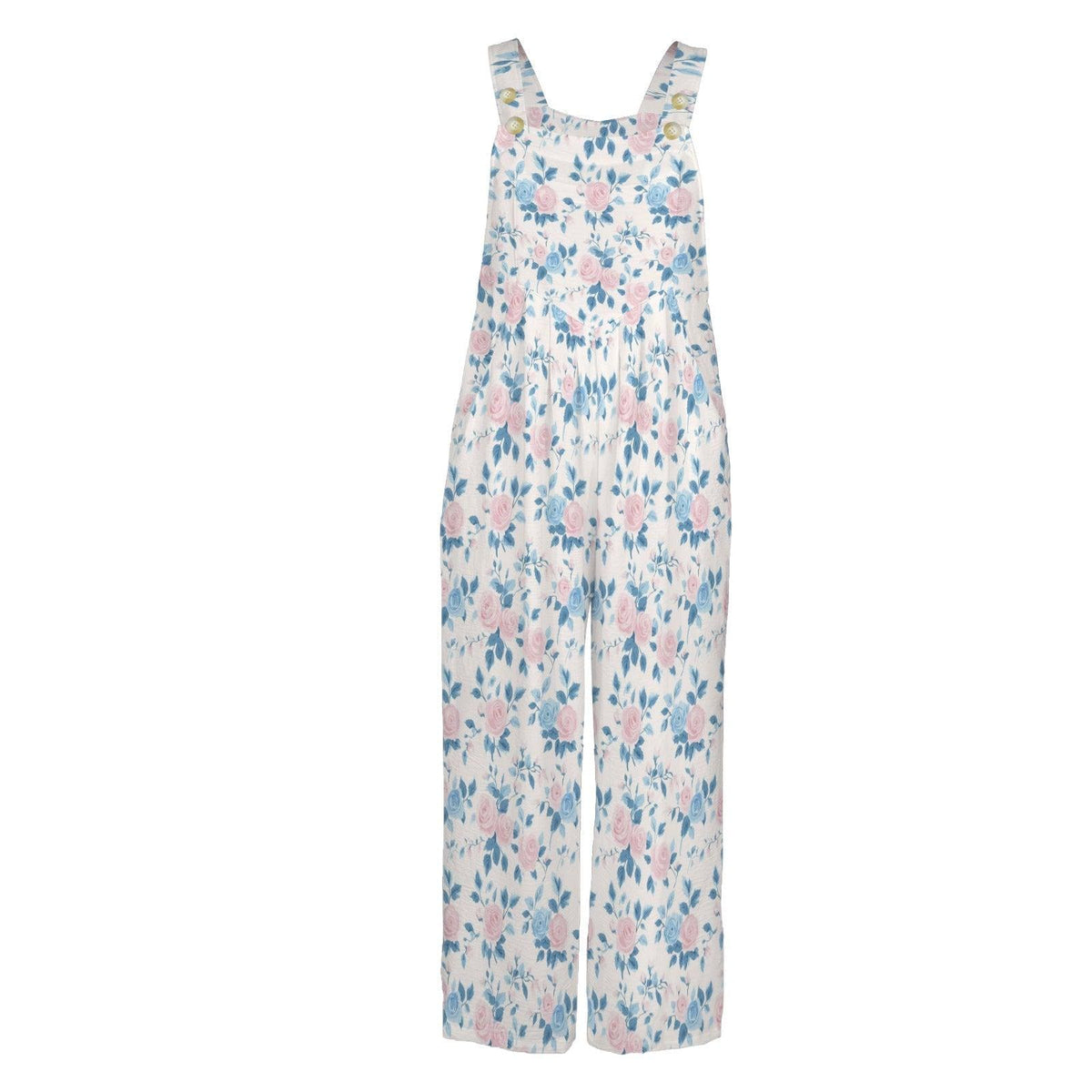 Cottage Garden Floral Jumpsuit, Pink Blue Wide Leg One Piece with Pockets