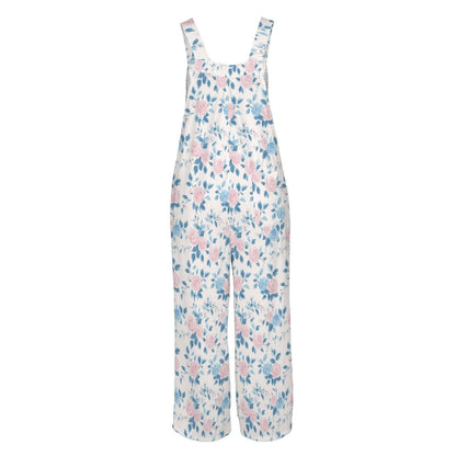 Cottage Garden Floral Jumpsuit, Pink Blue Wide Leg One Piece with Pockets