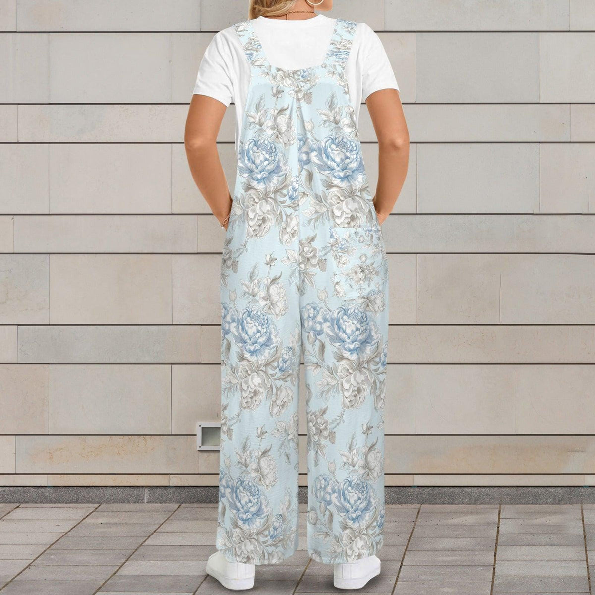Blue Rose Wide Leg Jumpsuit, Pale Botanical Overalls with Pockets